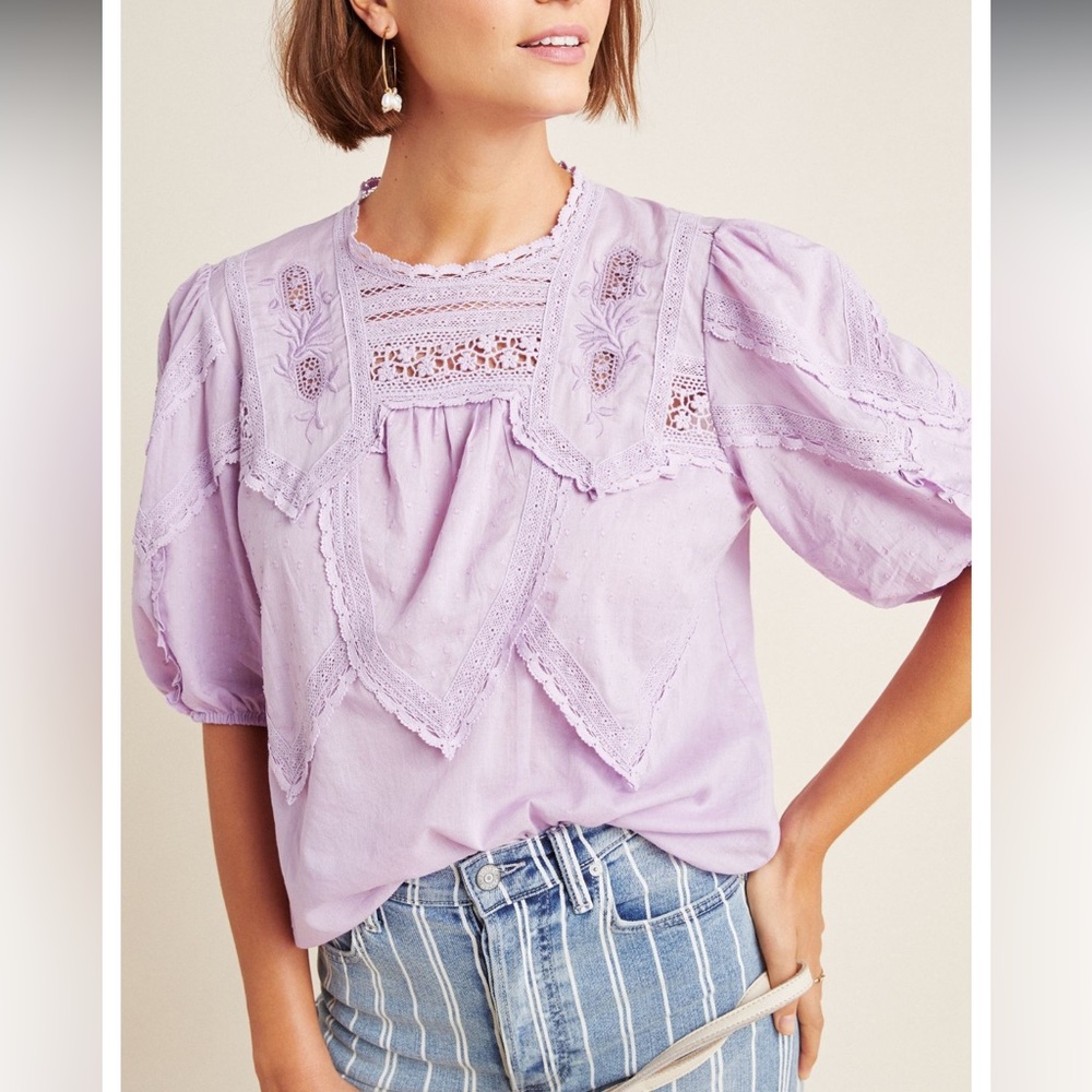Anthropologie Aderyn Puff-Sleeved Lace Blouse